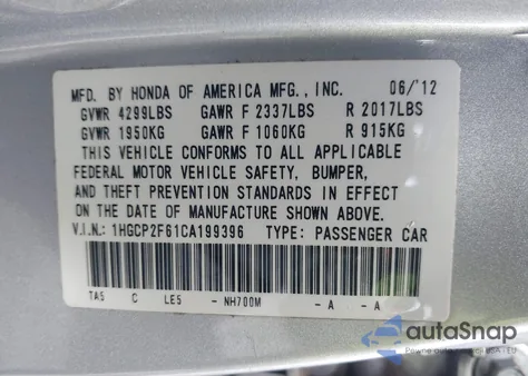 2012 Honda Accord 2.4 Se z USA, uszkodzony, nr VIN 1HGCP2F61CA199396